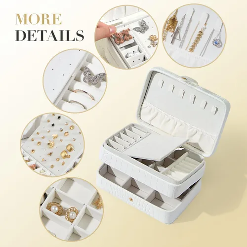 Miniatura 3 de Joyero pequeño de piel sintética para mujeres y niñas, estuche de joyería portátil de viaje de doble capa para anillo, colgante, aretes, collar