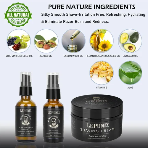 Miniatura 6 de Kit de afeitado para hombres, el kit esencial incluye crema de afeitar de sándalo, loción para después del afeitado para hombres y aceite para antes