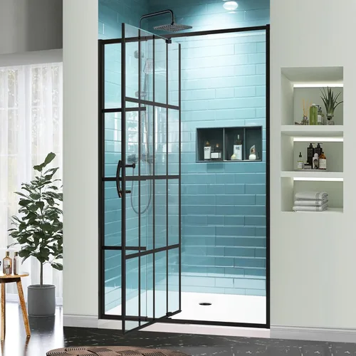 Miniatura 24 de GroGro 56-60" W x 71" H Mampara de ducha giratoria de vidrio semisin marco, vidrio templado transparente de 1/4" (6mm) SGCC, acabado cromo, Cromado