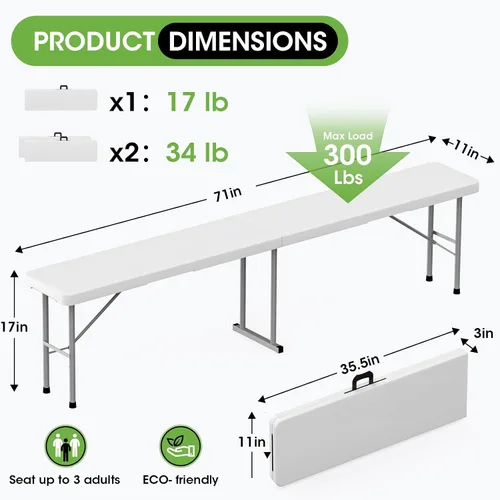Miniatura 3 de HLPB Banco plegable de 6 pies, banco de plástico plegable con asa y mesa de polietileno de alta densidad suave, asiento de picnic portátil