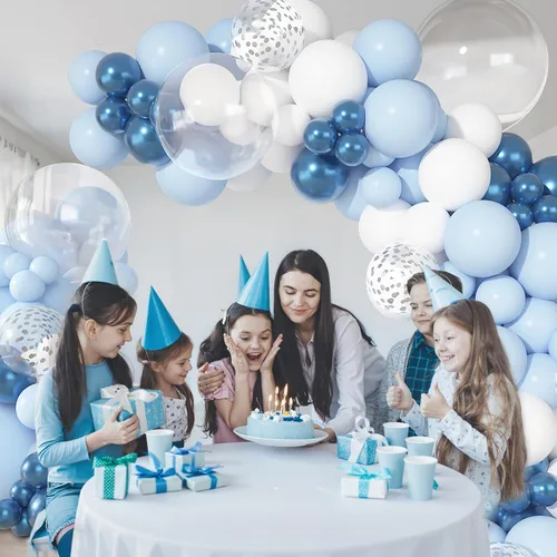 Miniatura 7 de Ouddy Party Juego de 149 guirnaldas de arco de globos azules y blancos de diferentes tamaños de 18, 12, 10 y 5 pulgadas, 6 globos plateados de Azul