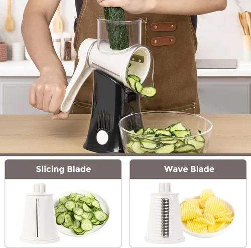 Miniatura 2 de X Home Rallador de queso giratorio para cocina, triturador con 3 cuchillas intercambiables, rallador giratorio con mango y base de succión fuerte