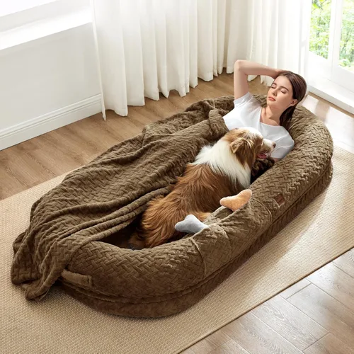 Miniatura 19 de ChiXnuggle Cama humana para perros adultos – Cama gigante de piel sintética rayada de lujo para perros con asa portátil, almohadilla de espuma