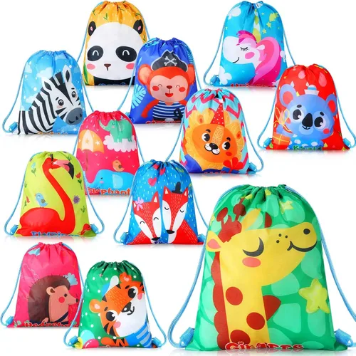 Shappy Paquete de 12 bolsas de recuerdos de fiesta de animales de dibujos animados, bolsa de regalo de animales de safari, mochila con cordón de