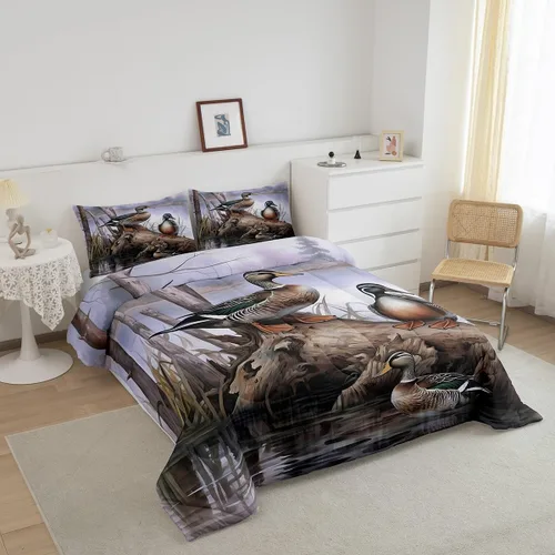 Miniatura 2 de Feelyou Juego de edredón de caza de patos para niñas y niños, edredón de patos de malardo, juego de ropa de cama de caza y pesca, juego de edredón