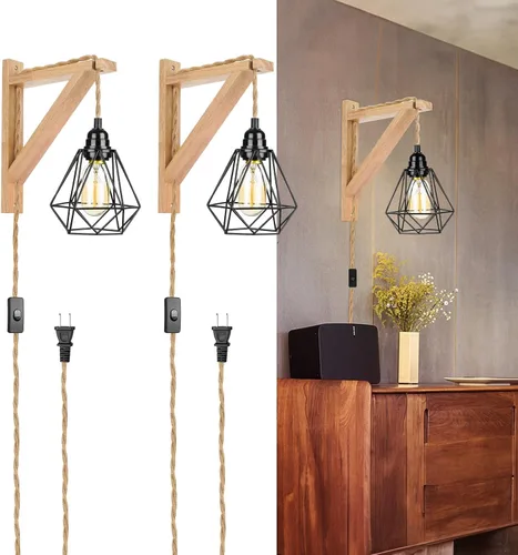 Miniatura 11 de Frideko - Juego de dos apliques de pared de madera enchufables, lámpara de pared rústica con cable de enchufe, accesorios de luz de pared