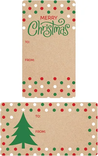 Miniatura 9 de Etiquetas de regalo con árbol de Navidad y cardenal rojo – Etiquetas autoadhesivas para envolver regalos navideños sobre fondo kraft – 42 etiquetas