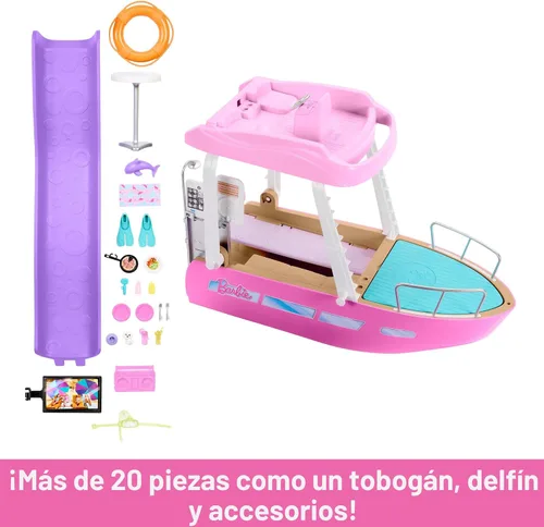 Miniatura 5 de Set de juego de barco de ensueño de Barbie con más de 20 accesorios temáticos marinos de tamaño para muñecas de moda, incluyendo piscina, tobogán