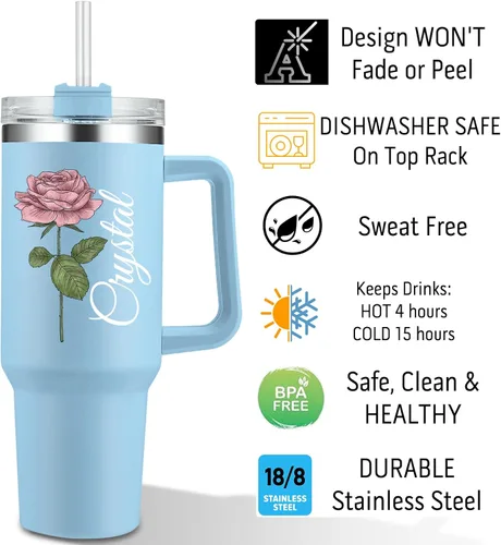 Miniatura 4 de Birth Flower - Vaso personalizado con asa y nombres, taza de viaje personalizada de 40 onzas, tazas de viaje de acero inoxidable con aislamiento