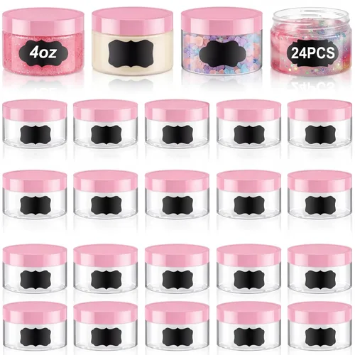 Miniatura 29 de Dandat 24 piezas 8 oz botes de plástico con tapa y etiqueta. Recipientes de muestra de cosméticos redondos ámbar PET recargables y vacíos para Ámbar