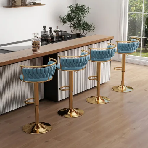 Miniatura 30 de Juego de 2 taburetes de bar giratorios de 360°, silla de bar de terciopelo ajustable a altura de mostrador moderna, taburete de metal plateado