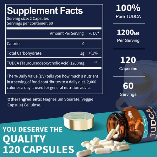 Miniatura 5 de Totaria TUDCA - Sales biliares de 1200 mg (ácido tauroursodesoxicólico), 120 cápsulas, suplementos hepáticos TUDCA puros ultra fuertes, limpieza