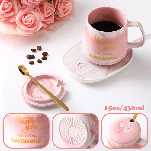 Miniatura 2 de Nitial Calentador de Café de Agradecimiento con Juego de Taza para Mujeres Taza de Mármol Rosa Placa Calentadora de Tazas Regalo de Agradecimiento