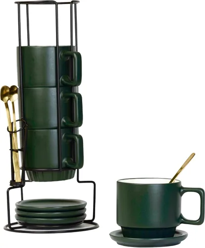 Juego de Tazas de Café de 4 - 11.5 Oz Tazas de Café de Porcelana Apilables con Platillos, Cucharas y Soporte de Metal - Tazas de Té de Cerámica con
