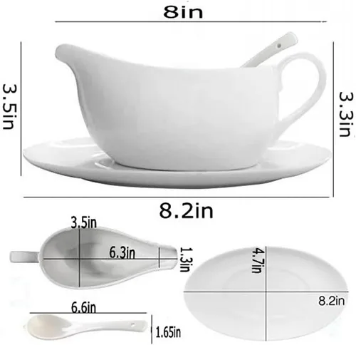Qlans Salsera con Cucharón y Platillo de 17 Oz, Salsera de Cerámica con Bandeja para Aderezos de Ensalada, Leche, Salsas Calientes, Crema, Caldo, 1