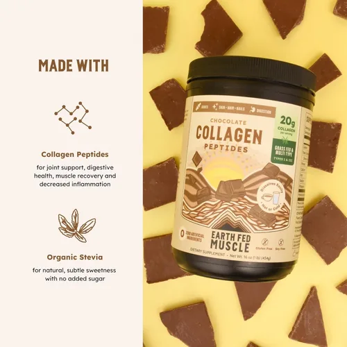 Miniatura 4 de Earth Fed Muscle Péptidos de colágeno de chocolate, certificados por terceros. 0.71 oz de proteína, chocolate, alimentado con hierba, sin OMG, sin