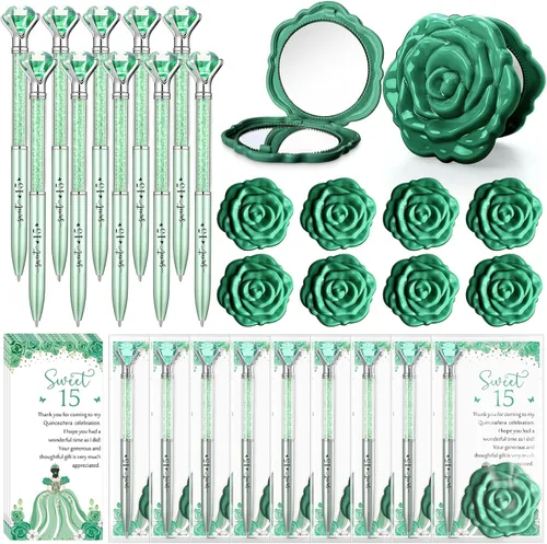 Miniatura 10 de Fuyoooo 25 juegos de bolígrafos de diamantes de quinceañera, recuerdos de fiesta de quinceañera, bolígrafos brillantes con diseño de rosas, espejos