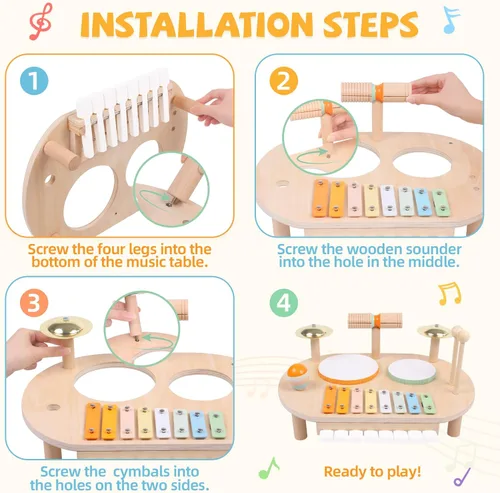 Miniatura 5 de YHHYTOY Juego de batería para bebé, instrumentos musicales de madera para bebés de 1 a 3 años, juego de percusión de mesa de actividades musicales
