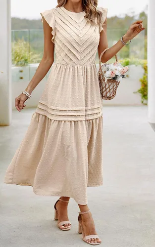 Miniatura 8 de Angashion Vestido largo de verano para mujer, casual, cuello redondo, manga casquillo, lunares suizos, plisado, liso, largo, vestido skater