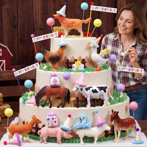 Weysat 37 piezas de decoración de fiesta de cumpleaños de animales de granja, adornos para cupcakes con mini sombreros, banderas en miniatura, cajas