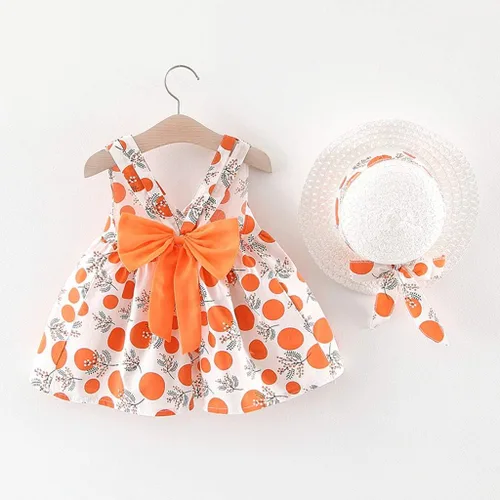 Miniatura 2 de Sombrero de princesa con estampado de lazo para bebé, vestido de lunares sin mangas, traje de primer cumpleaños (naranja, 70)
