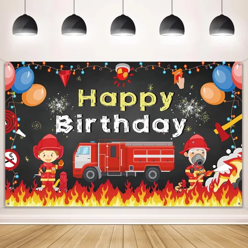 Tatuo Cartel de fondo de fiesta de cumpleaños de camión de bomberos, 71 x 43 pulgadas, decoración de cumpleaños para niños y niñas, decoración de