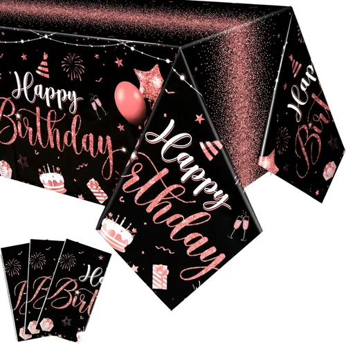 Miniatura 23 de Tudomro 3 piezas de manteles de feliz cumpleaños, manteles de plástico para decoración de fiesta de cumpleaños, paños rectangulares para baby Negro