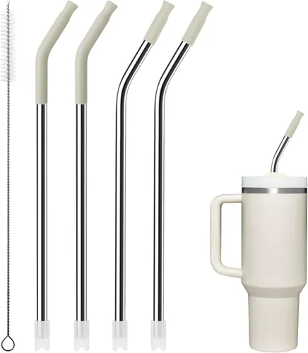 Miniatura 11 de 4 popotes reutilizables de metal para vaso de 40 onzas, popote largo de acero inoxidable con puntas de silicona coloridas, popote para vasos de Negro