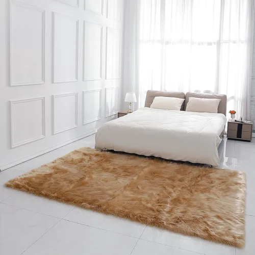 Miniatura 2 de linmopm Alfombra de piel sintética de oveja, esponjosa, esponjosa, beige, de 2 x 3 pies, para dormitorio, mesita de noche, suelo, sala de estar