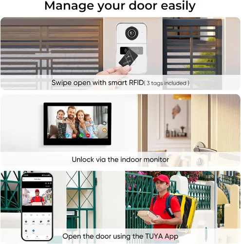Miniatura 5 de Sistema de intercomunicador de video con 2 cables y pantalla táctil de 7 pulgadas, timbre con cámara y ángulo amplio de 140°, grabación de video