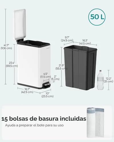 Miniatura 6 de SONGMICS Bote de basura delgado, bote de basura de 13 galones (50 L) para espacios estrechos con tapa de cierre suave, cubo interior y pedal