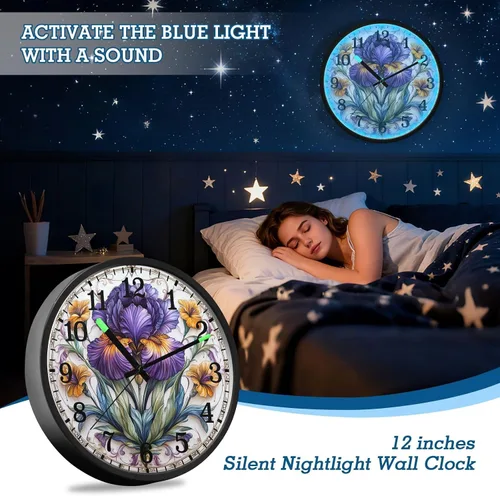 Miniatura 7 de Luminous Voice-Activated Clocks Non-Ticking Silent Battery Operated Small Analog Clock Retro Iris Flower Pattern 12 Inch Decorative for Kitchen