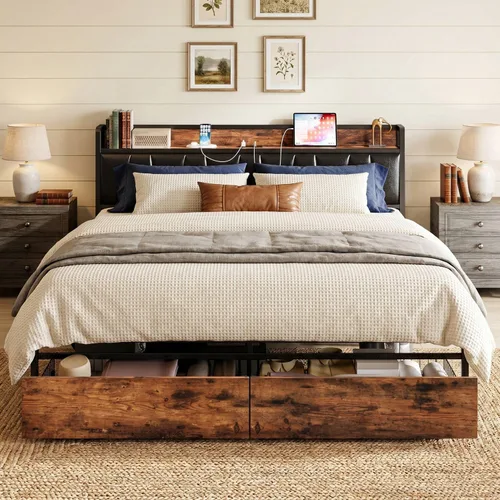 Miniatura 10 de LIKIMIO Base de cama tamaño King, cabecera de almacenamiento con estación de carga, cama de plataforma con cajones, no necesita somier, fácil Marrón