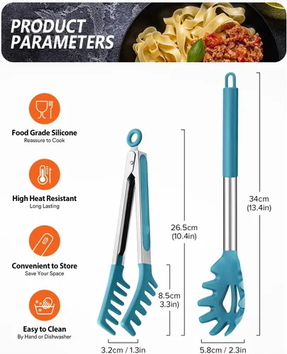 Miniatura 4 de Cuchara de silicona para espaguetis y pinza para pasta, mango de acero inoxidable antiadherente, juego de tenedores para pasta con dientes, clip Azul