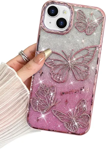 Miniatura 34 de BITOBE Diseñada para iPhone 15 Pro Max, bonita funda de mariposa 3D chapada en purpurina delgada para mujeres y niñas, protección de cámara, Negro