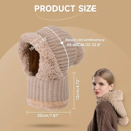 Miniatura 5 de Gorro 3 en 1 con bufanda y máscara, pasamontañas de punto, resistente al viento, talla única, sombrero y bufanda para mujer
