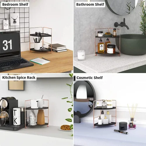 Miniatura 6 de Estante de pie para especias de cocina, estante de almacenamiento de esquina de 2 niveles, organizador de encimera de baño, bandeja de tocador, Oro