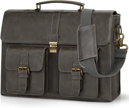 Miniatura 11 de RAINSMORE Bolsa de mensajero para hombre de 15.6 pulgadas de cuero vintage para laptop, maletín impermeable, bolsa de cuero para computadora laptop
