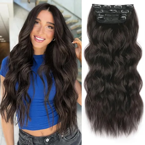Miniatura 13 de ALXNAN Extensiones de cabello sintético largo y ondulado con clip, de 16 pulgadas, color negro natural, 4 piezas gruesas, fibra de doble trama