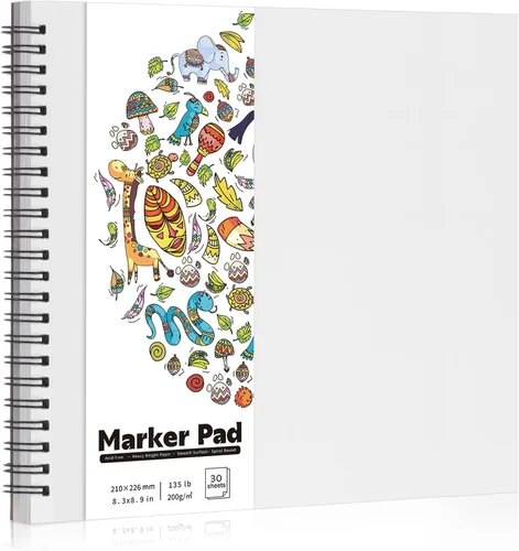 Bloc de papel marcador de 135 libras/7.05 oz/m², 8.3 x 8.9 pulgadas, bloc de bocetos a prueba de sangrado, 30 hojas de papel de arte en espiral,