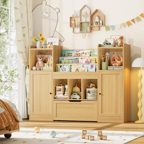 Miniatura 8 de FOTOSOK Organizador de almacenamiento de juguetes con 2 puertas y cajón móvil, organizadores de juguetes de 55.2 pulgadas de ancho y almacenamiento