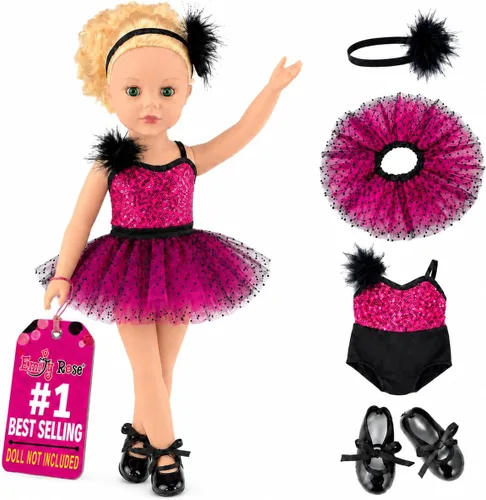 Emily Rose Juego de ropa de ballet para muñeca de 18 pulgadas, conjunto de 4 piezas de leotardo rosa de bailarina, tutú, diadema y zapatos de toque,