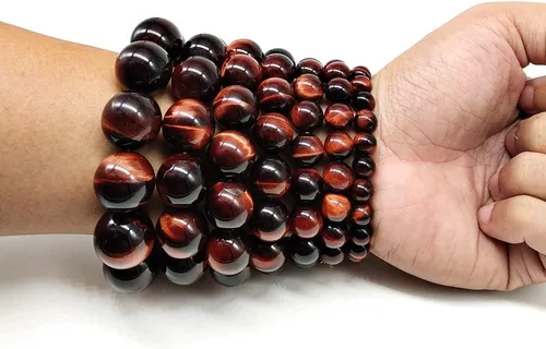 Miniatura 5 de Brazaletes y pulseras de cuentas de piedra natural con ojos de tigre rojos AA hechos a mano joyería de piedra energética para mujeres u hombres