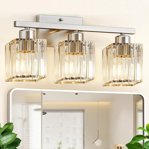 Miniatura 9 de GOLSPARK Modern Crystal Bathroom Vanity Light, Brushed Nickel Bathroom Lighting fixtures Over Mirror, 3-Light Vanity Light Fixtures, E26 Base Round
