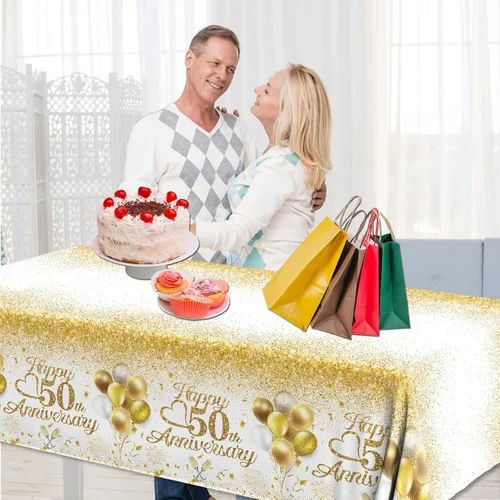 Miniatura 6 de Mantel de Feliz 50º Aniversario, Decoraciones de Aniversario de 50 Años 3 Piezas Mantel Blanco y Dorado Impermeable Rectangular Cubierta de Mesa