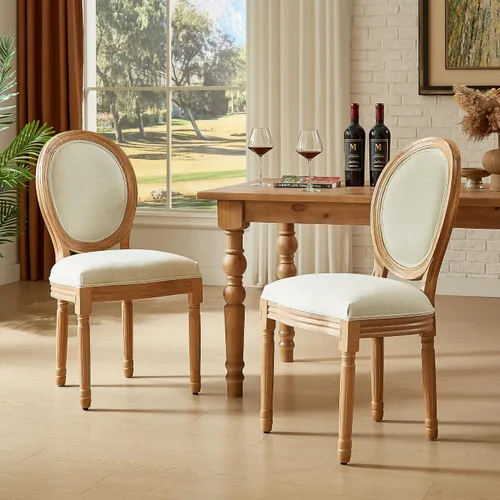 Miniatura 2 de Juego de 2 sillas de comedor francesas con respaldo redondo, sillas de comedor tapizadas de mediados de siglo con patas de madera maciza para Beige