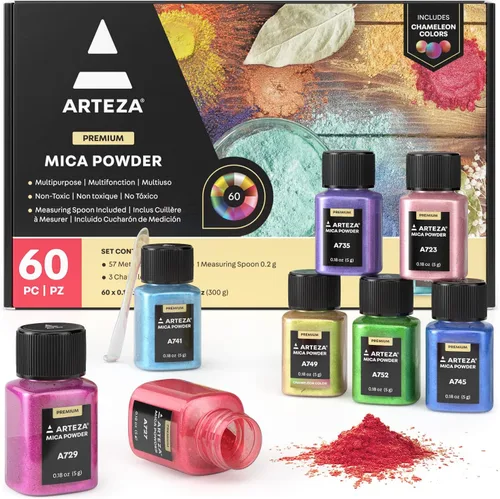 ARTEZA Polvo de mica, 60 colores, botellas de 0.18 onzas, polvo de pigmento metálico y camaleón con cuchara medidora para resina, epoxi, velas,
