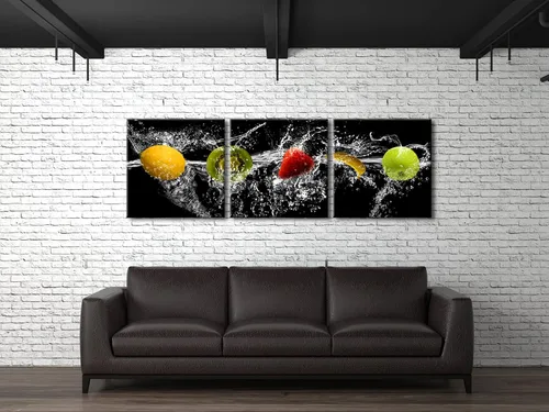 Miniatura 4 de Pyradecor Arte de paisaje moderno y grande de frutas bailarinas, 3 piezas, lienzo giclée envuelto en galería, cuadros negros sobre lienzo, arte