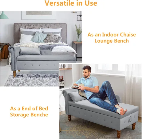 Miniatura 5 de Aoowow Banco de almacenamiento de terciopelo para dormitorio, extremo de la cama, sofá con brazo enrollado, tumbona para interiores con Gris 58