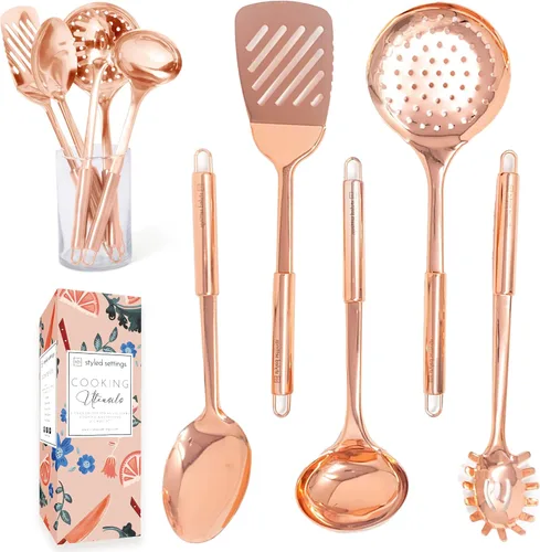 Juego de utensilios de cocina de cobre – 5 piezas de acero inoxidable de oro rosa para cocinar y servir, incluye cucharón, cuchara, tenedor de